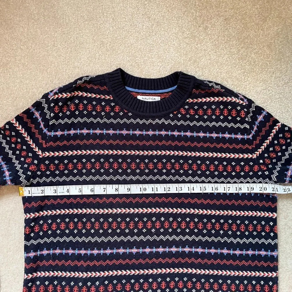 Nautica Navy Blue Fair Isle Crew Neck Sweater Nautical Wool Blend - Size M - Picture 5 of 8